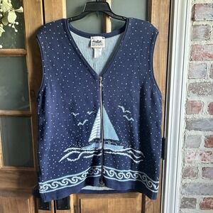 Northern Reflections Vtg Nautical Sailboat Zip Up Cotton Sweater Vest XL Blue